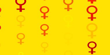 Üzerinde kadın güç sembolleri olan açık sarı vektör fon. Kadın gücünün resmedildiği soyut bir çizim. Uygulamalar için yeni tasarım.