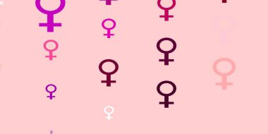 İş kadını işaretleriyle açık pembe vektör şablonu. Modern stilde eğilim gösteren renkli feminizm sembolleri. Web siteleri için zarif bir arkaplan.
