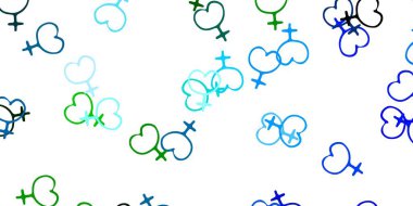 Açık mavi, üzerinde kadın güç sembolleri olan yeşil vektör arkaplan. Kadınların güç ve güç göstergelerini gösteren bir ilüzyon. Duvar kağıtları için zarif tasarım.