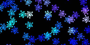 Koyu pembe, mavi vektör arkaplan ve virüs sembolleri. Basit ve soyut bir şekilde renkli hastalık sembolleri. Karantina olayları için en iyi tasarım.