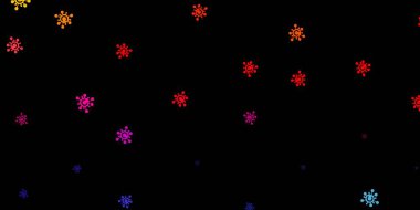 Covid-19 sembollü koyu renkli vektör arkaplanı. Basit ve soyut bir şekilde renkli hastalık sembolleri. Salgın bilgisine karşı basit tasarım.