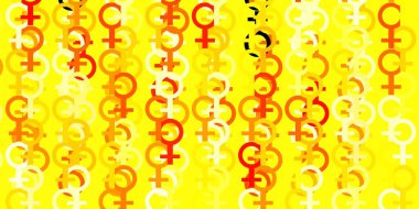 Kadın sembollü açık turuncu vektör arka planı. Modern stilde eğilim gösteren renkli feminizm sembolleri. Kadınların gücünü göstermek için en iyi tasarım..