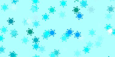 Virüs sembollü açık mavi vektör arkaplanı. Dekoratif tarzında renkli işaretleri olan akıllı illüstrasyon. Karantina olayları için en iyi tasarım.