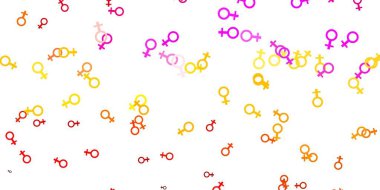 Kadın sembollü hafif çokrenkli vektör arkaplanı. Modern stilde eğilim gösteren renkli feminizm sembolleri. Uluslararası Kadınlar Günü için Tasarım