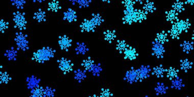 Covid-19 sembollü koyu mavi vektör arkaplan. Basit ve soyut bir şekilde renkli hastalık sembolleri. Karantina olayları için en iyi tasarım.