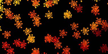 Covid-19 sembollü koyu sarı vektör arkaplan. Değişik tıbbi şekillere sahip renkli soyut çizimler. Salgın bilgisine karşı basit tasarım.