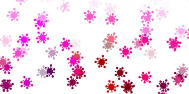 Covid-19 sembollü açık pembe vektör arkaplanı. Enfeksiyon formları ile soyut tarzda basit tasarım. Tehlike ateşine karşı basit çizim.