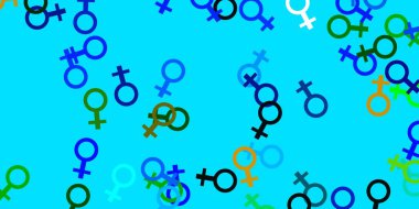 Açık mavi, üzerinde kadın hakları sembolleri olan yeşil vektör dokusu. Modern stilde eğilim gösteren renkli feminizm sembolleri. Kadınların gücünü göstermek için en iyi tasarım..