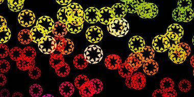 Koyu yeşil, diskleri olan sarı vektör dokusu. Renkli damlaları olan soyut parlak bir illüstrasyon. Web siteleri için desen.