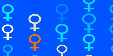 Açık mavi, kadın sembollü kırmızı vektör arkaplan. Modern stilde eğilim gösteren renkli feminizm sembolleri. Uygulamalarınız için akıllı tasarım.