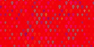 Açık mavi, kadın sembollü kırmızı vektör arkaplan. Modern stilde eğilim gösteren renkli feminizm sembolleri. Kadınların gücünü göstermek için en iyi tasarım..