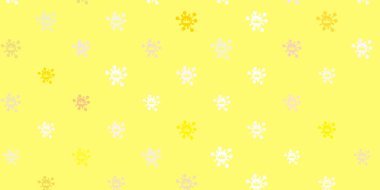 Açık pembe, covid-19 sembollü sarı vektör arkaplan. Değişik tıbbi şekillere sahip renkli soyut çizimler. Biyolojik tehlike uyarısı için tasarım.