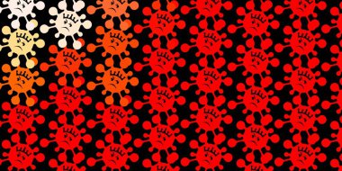 Koyu kırmızı, hastalık sembollü sarı vektör dokusu. Değişik tıbbi şekillere sahip renkli soyut çizimler. Biyolojik tehlike uyarısı için tasarım.