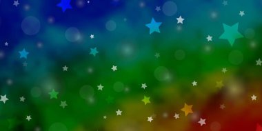 Çemberleri, yıldızları olan koyu renkli vektör arka planı. Renkli soyut küreler ve yıldızların olduğu bir resim. Kumaş ve duvar kağıtlarının dizaynı için desen.