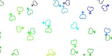 Açık mavi, üzerinde iş kadını işaretleri olan yeşil vektör şablonu. Modern stilde eğilim gösteren renkli feminizm sembolleri. Uluslararası Kadınlar Günü için arkaplan.