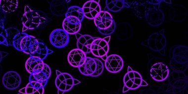 Koyu mor, dini sembollü pembe vektör dokusu. Renkli mistik semboller. Antik tarzda bir eğilim var. Sihir için dizayn, ruhsal olaylar.