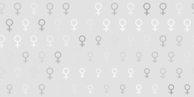 Feminizm öğeleriyle açık gri vektör deseni. Modern stilde eğilim gösteren renkli feminizm sembolleri. Web siteniz için basit tasarım.