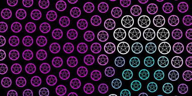 Esrarengiz işaretli koyu pembe, mavi vektör şablonu. Renkli mistik semboller. Antik tarzda bir eğilim var. Sihir için dizayn, ruhsal olaylar.