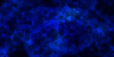 Koyu mavi üçgenli vektör arkaplanı. Soyut arkaplanda renkli eğimli üçgenler. Broşürler, broşürler için desen