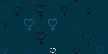 Açık mavi, üzerinde kadın güç sembolleri olan yeşil vektör arkaplan. Modern stilde eğilim gösteren renkli feminizm sembolleri. Web siteniz için basit tasarım.