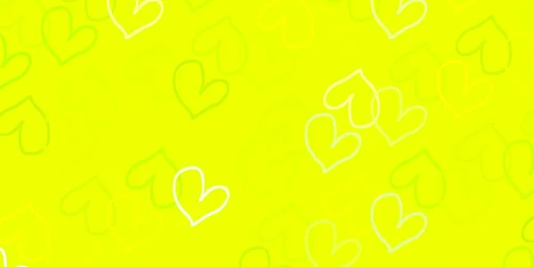 Verde Claro Fondo Vector Amarillo Con Corazones Brillantes Corazones Sobre — Archivo Imágenes Vectoriales