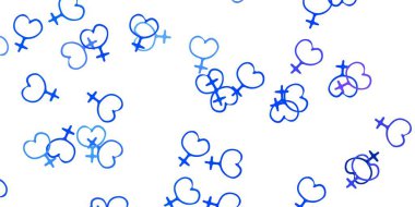 Açık Pembe, üzerinde kadın güç sembolleri olan mavi vektör arkaplan. Değişken feminizm şekilli renkli bir illüstrasyon. Kadınların gücünü göstermek için en iyi tasarım..