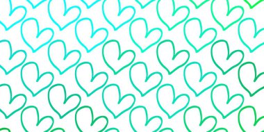 Kalpli açık yeşil vektör arka planı. Kalpli, karalama tarzında bulanık dekoratif tasarım. Karnaval için şablon, festival için romantik broşürler.