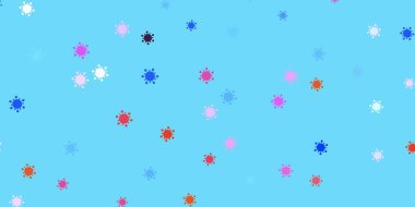 Covid-19 sembollü çok renkli vektör arkaplanı. Basit ve soyut bir şekilde renkli hastalık sembolleri. Sağlık korunması için duvar kağıdı.