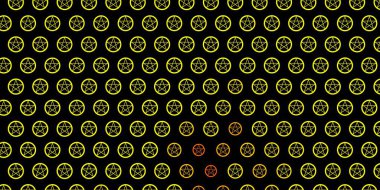 Din sembollü koyu sarı vektör dokusu. Sihirli ruhani güç işaretleri olan bir ilüzyon. Gizemli, mistik tasarımlar için arkaplan.