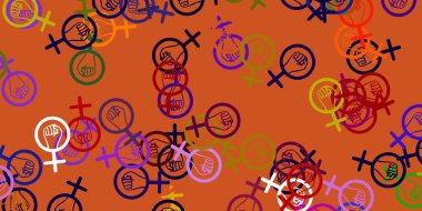 Açık mavi, üzerinde kadın hakları sembolleri olan kırmızı vektör dokusu. Değişken feminizm şekilli renkli bir illüstrasyon. Uluslararası Kadınlar Günü için Tasarım.