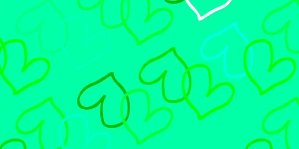 光緑のベクトルの背景と心 ロマンチックなスタイルでカラフルな心を持つキラキラ抽象的なイラスト バレンタインのグリーティングポストカードのテンプレート — ストックベクタ