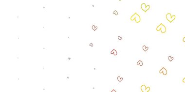 Açık kırmızı, sarı vektör desenli, renkli kalpli. Kalpler soyut arkaplanda bulanık ve rengarenk. Sevgililer günü ilanı ve kitapçıkları için bir model..