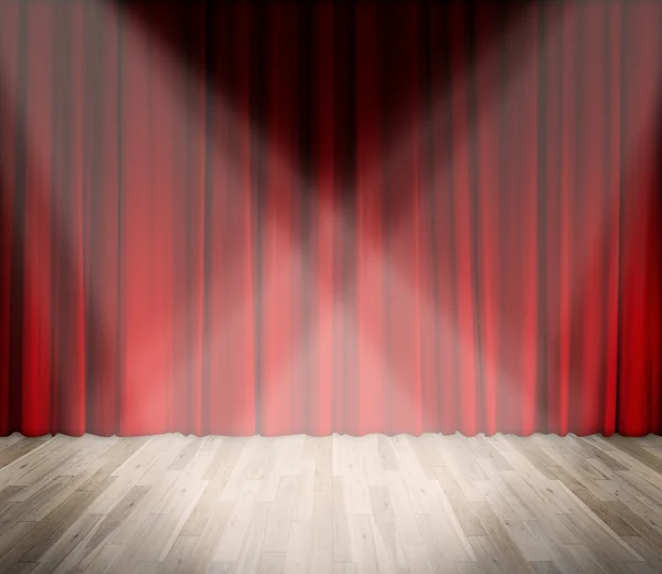 Hintergrund. Beleuchtung auf der Bühne. Roter Vorhang und Holzboden inte — Stockfoto