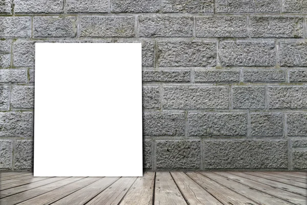 Poster stand on wooden floor with brick wall. You can write some — Stock Photo, Image