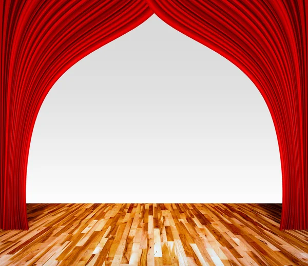Background with red curtain and wooden floor interior background