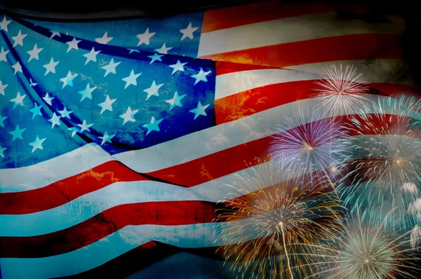 Bandiera astratta degli Stati Uniti che sventola con fuochi d'artificio, sfondo bandiera americana — Foto Stock