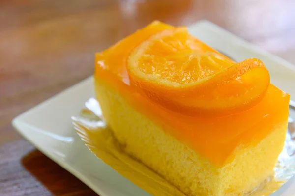 Top View Orange Cake Fresh Orange Slice Top Spoon White — Stock Photo, Image