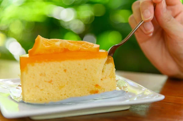 Piece Orange Cake Fresh Orange Slice Top Spoon White Dish — Stock Photo, Image