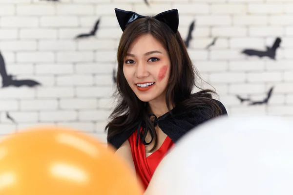 Portrait Beautiful Young Asian Woman Wearing Witch Costume Posing Balloons — Stock Photo, Image