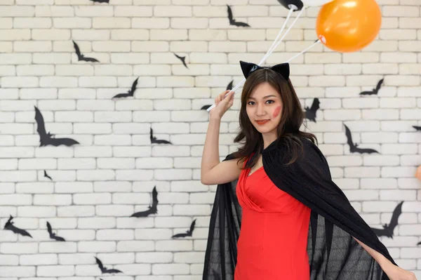 Portrait Beautiful Young Asian Woman Wearing Witch Costume Posing Balloons — Stock Photo, Image