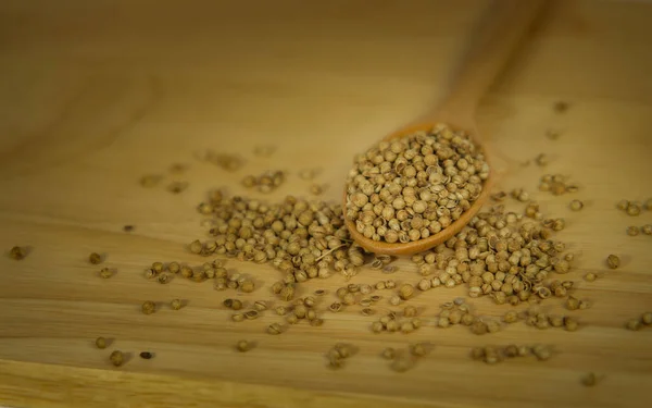 Coriandolo Semi Secchi Cucchiaio Legno Tavolo Legno — Foto Stock