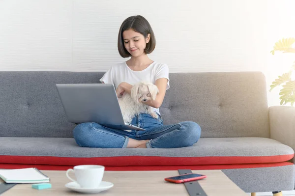 Schöne Junge Asiatische Frau Arbeitet Auf Dem Sofa Hause Mit — Stockfoto