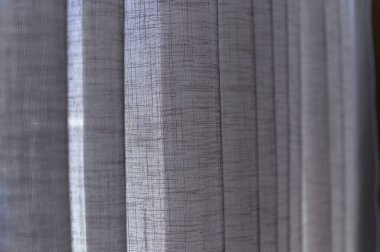 Gri perdeleri kapattı. Konforlu oda evinde şeffaf perde, iç tasarım konsepti