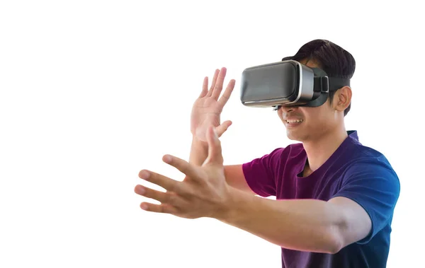 Ung Asiatisk Man Erfarenhet Med Virtual Reality Headset Eller Glasögon — Stockfoto