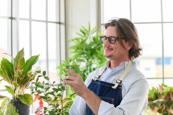 Portrait of happy gardener senior man wearing glasses taking care of small tree in plant pot as a hobby of home gardening at home