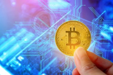 Altın Bitcoin elinde ve arka planında bilgisayar donanımı var. Madencilik ya da engelleme teknolojisi. Yeni Sanal Para Konsepti.