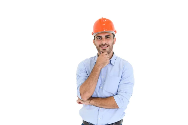 Retrato Joven Ingeniero Construcción Usar Hardhat Naranja Pie Sobre Fondo — Foto de Stock