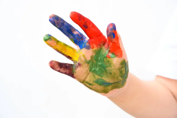 Bunt Bemalte Kinderhand Vereinzelt Auf Weißem Hintergrund Kreativ Lustig Künstlerisch — Stockfoto