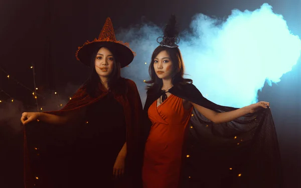 Portrait Two Beautiful Young Woman Witch Halloween Costumes Party Dark — Stock Photo, Image