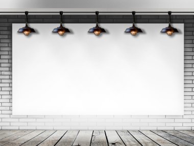 Beyaz tuğla duvar tavan lambası ile boş çerçeve